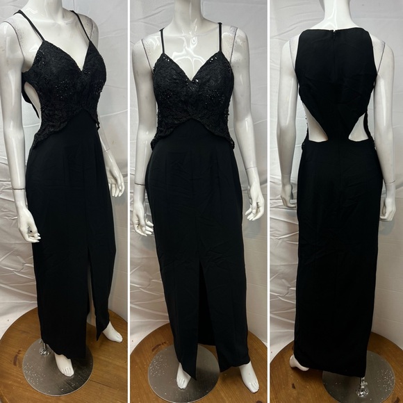 Precious Formals 10 Vintage Y2K Black Beaded Sequins Lace Cut Out Long Dress - Picture 1 of 5
